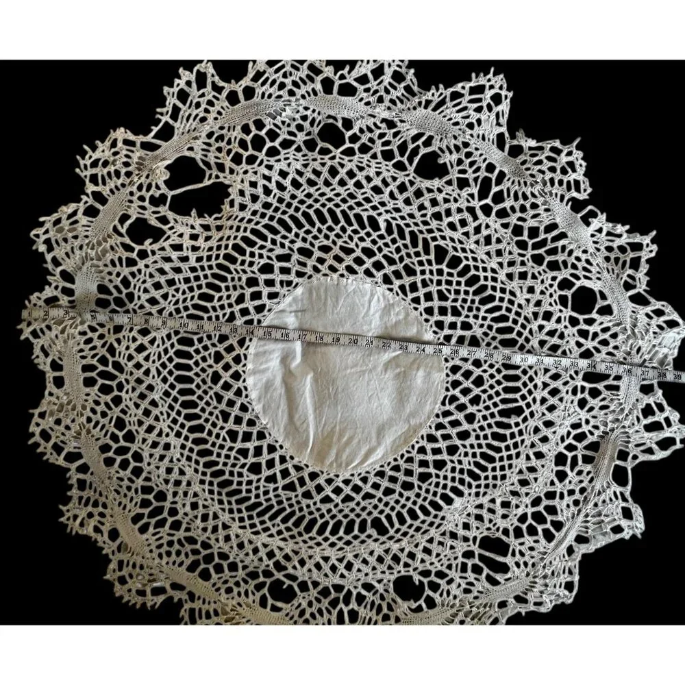 Hand-Crocheted Round Lace Tablecloth With 12” Linen Blend Center 40